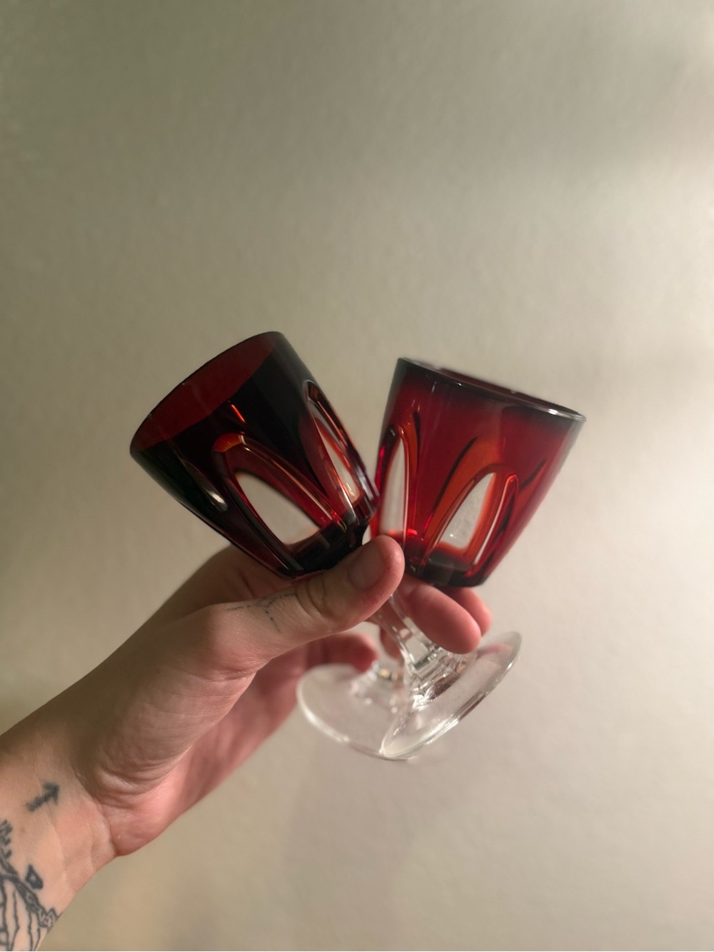 Vintage Red Cut Crystal Wine Glasses - Set of 2